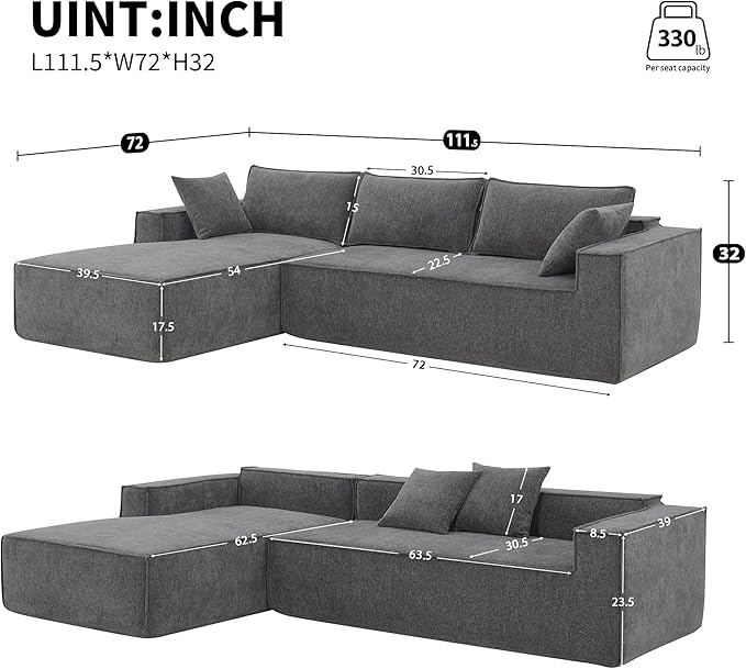L-Shaped Corner Corduroy Sectional Sofa 4 Seat Modular Boneless Sofa Foam Cloud Couch with Movable Ottoman and Toss PillowsModern Deep Seat Convertible Chaise Sofa