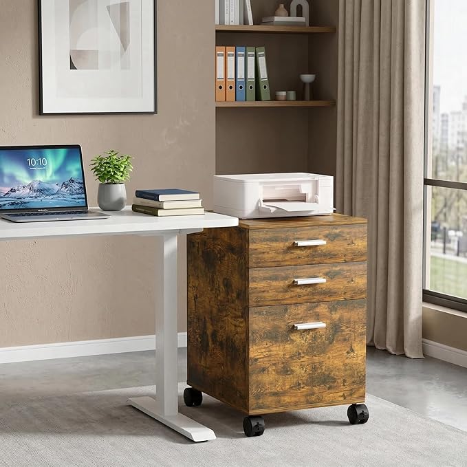 3 Drawer File Cabinet with WheelsPre-Assembled Brown Wood OrganizerFits A4/Letter Size for Home OfficeMobile Printer Stand Storage19 L x 16 W x 22 H