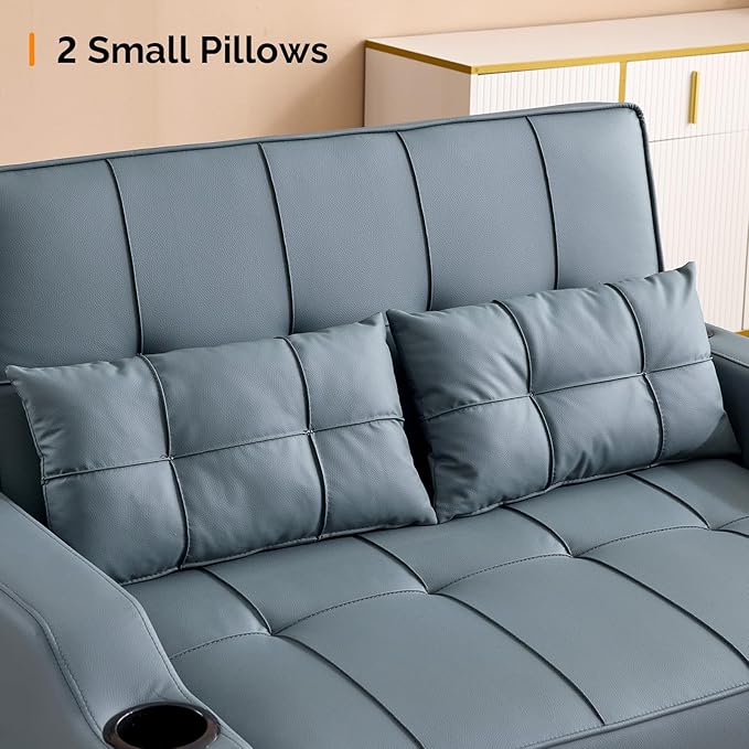 VINGLI Futon Sofa Bed Convertible Loveseat Sleeper Couch Blue Grey Faux Leather Pull Out Couch Bed with USB Ports Cup Holders Armrest for Living Room Bedroom Apartment Room