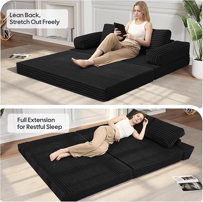 MeMoreCool Convertible Sofa Bed Black Folding Floor Couch Bed Queen Pull Out Sleeper Couch with Pillows Corduroy Fold Out Futon Sofa for Bedroom Living Room Small Space