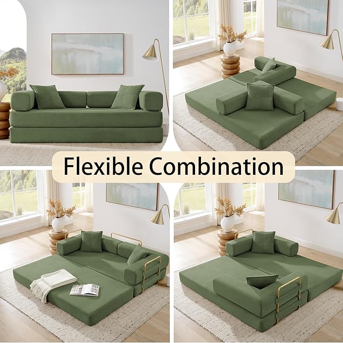 Folding Sofa Bed Convertible Sleeper Sofa Bed with Gold Fixed-Shape Frame Corduroy Floor Couch Lazy Compression Sofa for Living Room Bedroom Home Theater Green