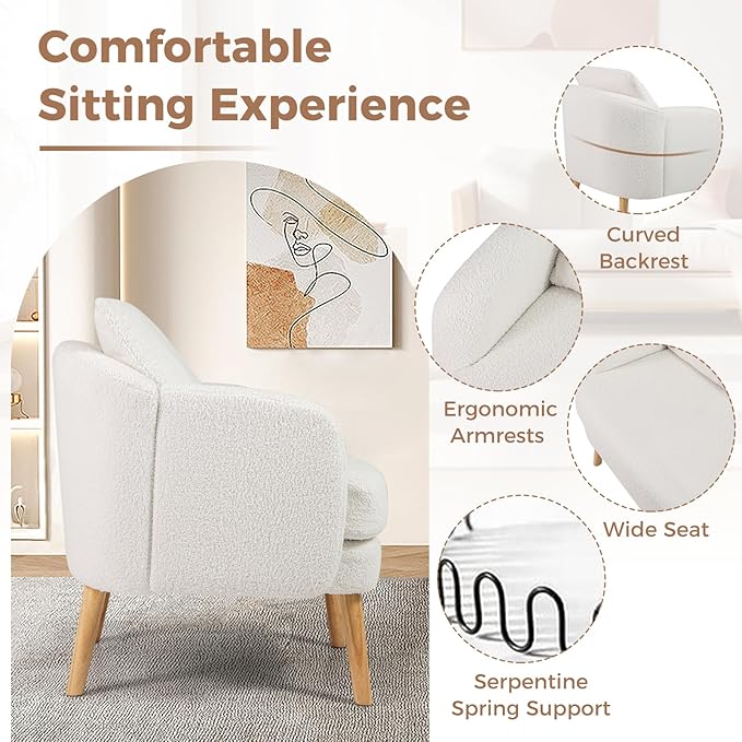 GOFLAME Sherpa Accent Chair Modern Single Sofa Armchair with Seat Cushion &amp Removable Pillow Upholstered Living Room Chair with Rubber Wood Legs Comfy Reading Chair for Bedroom Office White