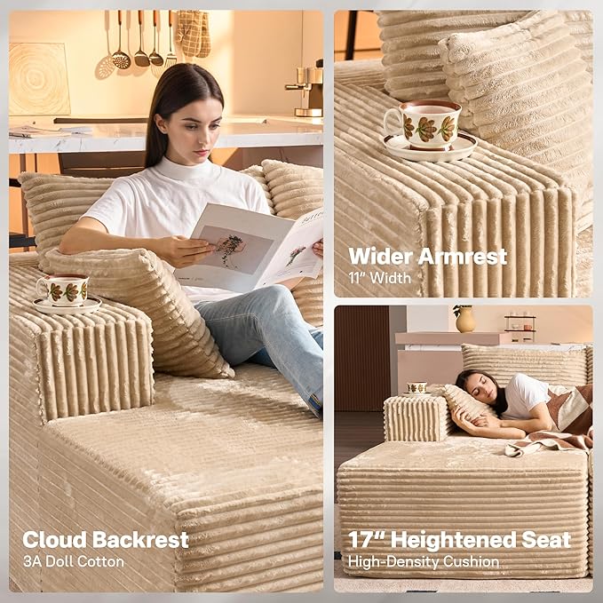 75 Boneless Chaise Lounge Chair Indoor Moudular Sectional Double Couch with Deep Seat No Assembly Required Modern Comfy Sleep Sofa Bed for Movie Reading Yoga for Living Room Beige