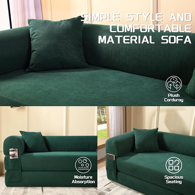 4-in-1 Folding Convertible Sofa Bed 80 Inch Oversized Corduroy Boneless Couch Loveseat Sleeper with Pull Out Bed Floor Sofa Modular Futon Teddy Sofa for Living Room Bedroom Lounge Deep Green
