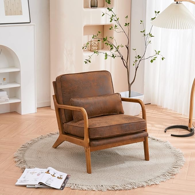 Karl home Accent Chair Mid-Century Modern Chair with Pillow Bronzing Cloth Upholstered Lounge Arm Chair with Solid Wood Frame &amp Soft Cushion for Living Room Bedroom Balcony Brown