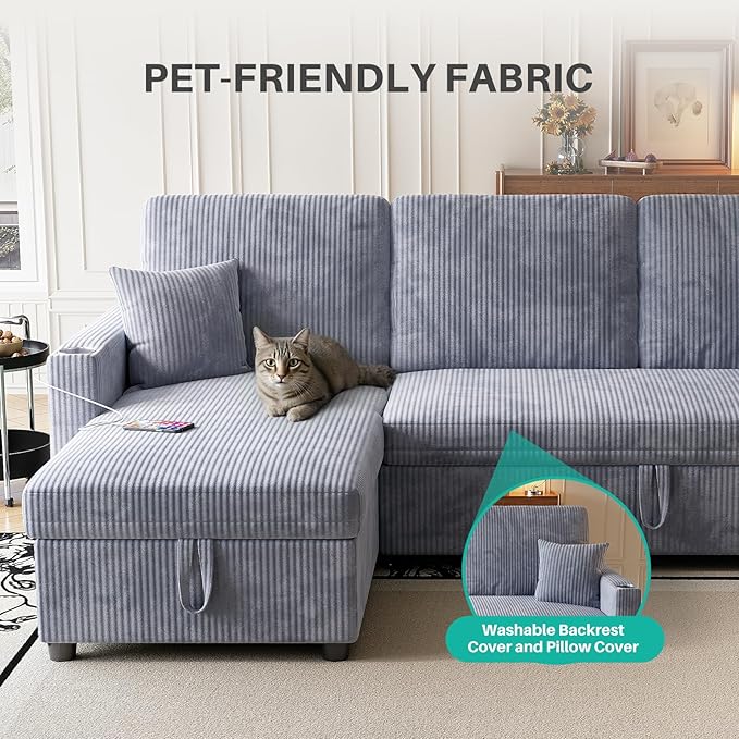 83 Sleeper Sectional Sofa Comfy Convertible Sofa Bed with Pull Out Couches Small Desktop Corduroy L Shaped Couch with Reversible Storage Chaise &amp USB for Living Room Apartment Grey