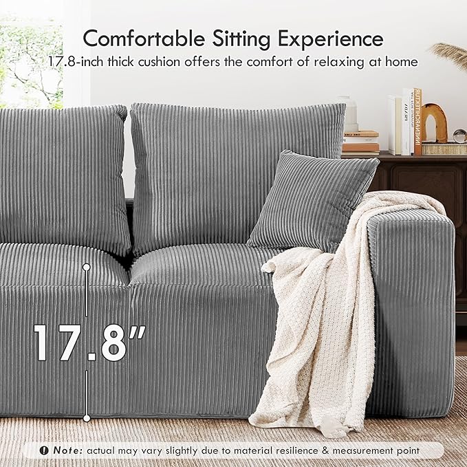 108 Modular Cloud Sectional Sofa 17.8 Comfort Height &amp Neck Pillow Modern Corduroy Couch with L-Shape Oversized Chaise for Living Room Bedroom No Assembly Required (Grey)