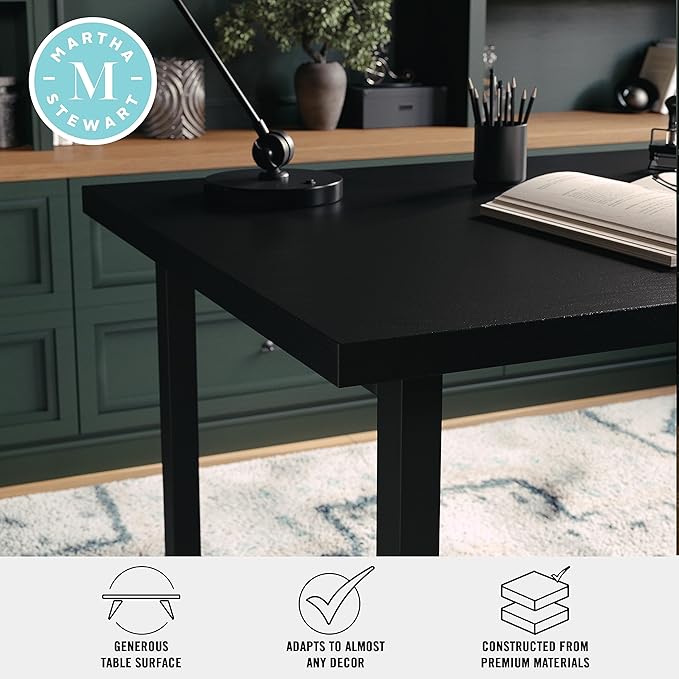 Martha Stewart Beckett Modern Trestle Desk with Open Side Shelving in Black Wood Grain Finish