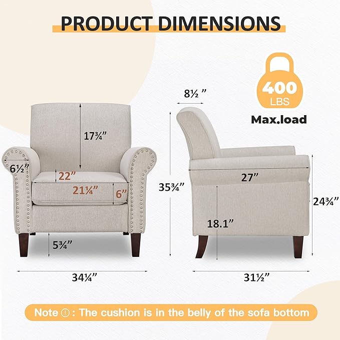 PrimeZone Comfy Accent Chair Set of 2 Mid-Century Modern Fabric Living Room Chair Reading Chair with Soft Cushion Nailhead Trim &amp Rolled Armrest Arm Chair Sofa Chair for Bedroom Waiting RoomBe