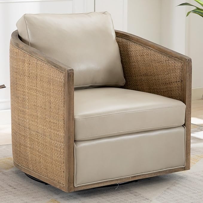 Swivel Barrel ChairLeather Accent Chair with ArmsCushion BackRattan FrameRound Swivel Chair for Living RoomBedroomOfficeWaiting Room (Oyster Grey Leather)