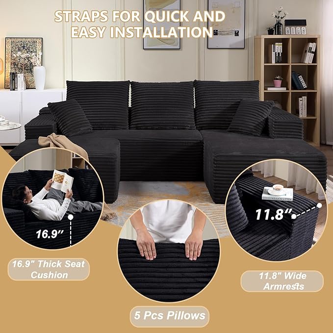 107 Corduroy Modular Sectional Sofa with OttomanModern U-Shaped Cloud Couch with Deep SeatComfy 3-Seater Sofa for Living RoomNo Assembly (BlackRight-Facing Chaise)