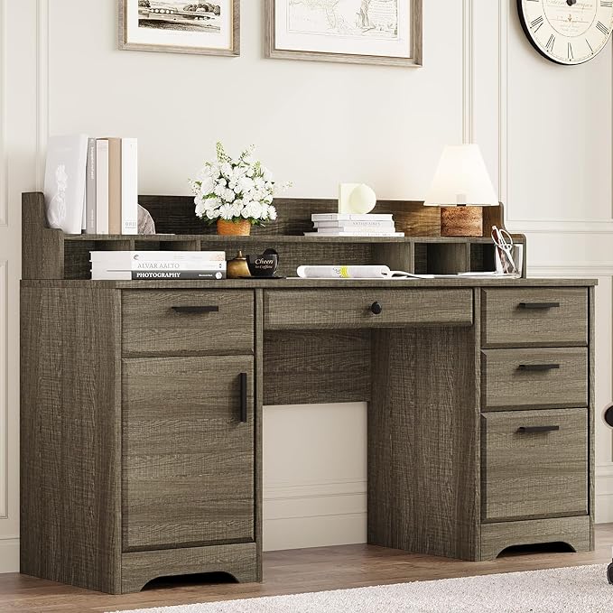 58 Inch Executive Desk with File Drawers Computer Desk with Storage Rustic Desk with Adjustable Shelves Office Desk with Hutch for Bedroom Grey
