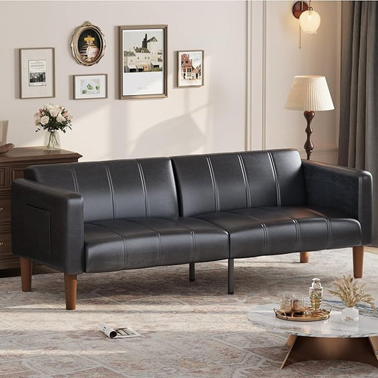 GarveeHome Futon Sofa Bed 75-Inch Modern Faux Leather Convertible Couch Mid-Century Loveseat for Small Space Living Room Bedroom Black