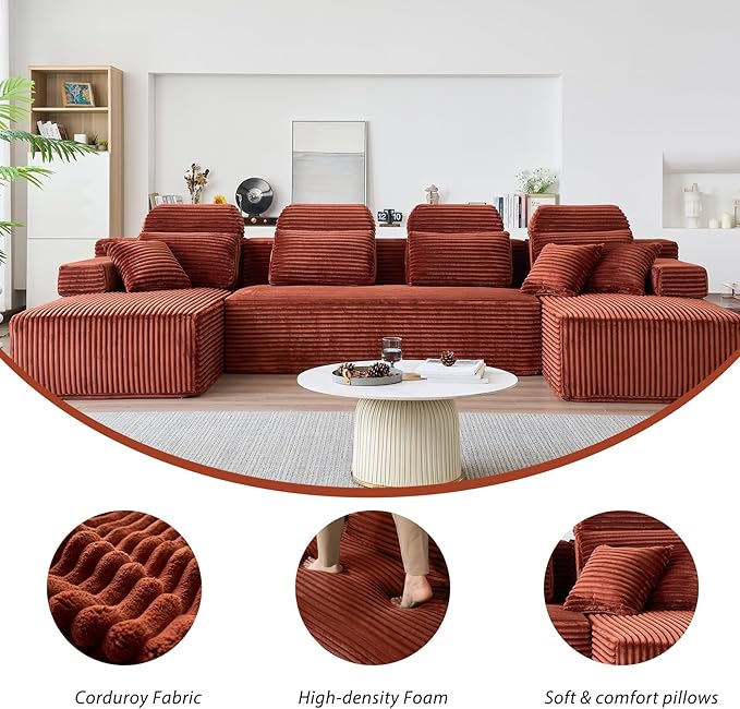 141″ Cloud Modular Sectional Sofa U Shaped Sectional Couches with Reversible Chaise Boneless Couch for Living Room 28 Deep Seat Corduroy Couch in a Box No Assembly Required Orange