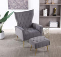 Velvet Accent Chair with Ottoman Comfy Tufted Armchair with Gold Metal Legs Modern Upholstered Wingback Chair with Footrest Set for Living Room Bedroom Lounge Office Grey