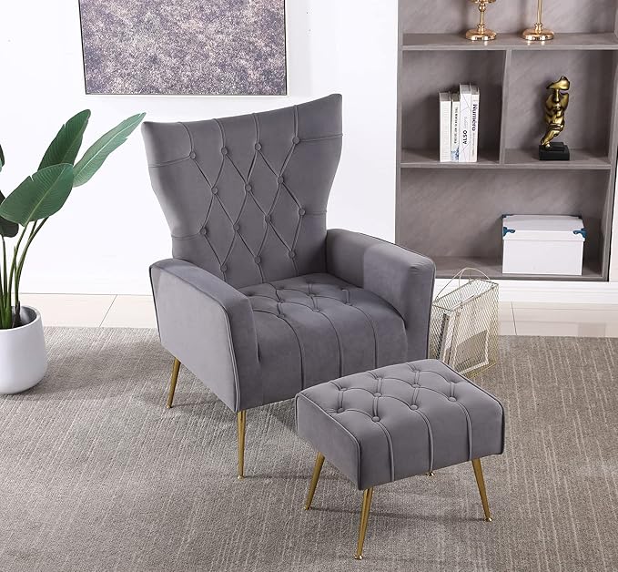 Velvet Accent Chair with Ottoman Comfy Tufted Armchair with Gold Metal Legs Modern Upholstered Wingback Chair with Footrest Set for Living Room Bedroom Lounge Office Grey