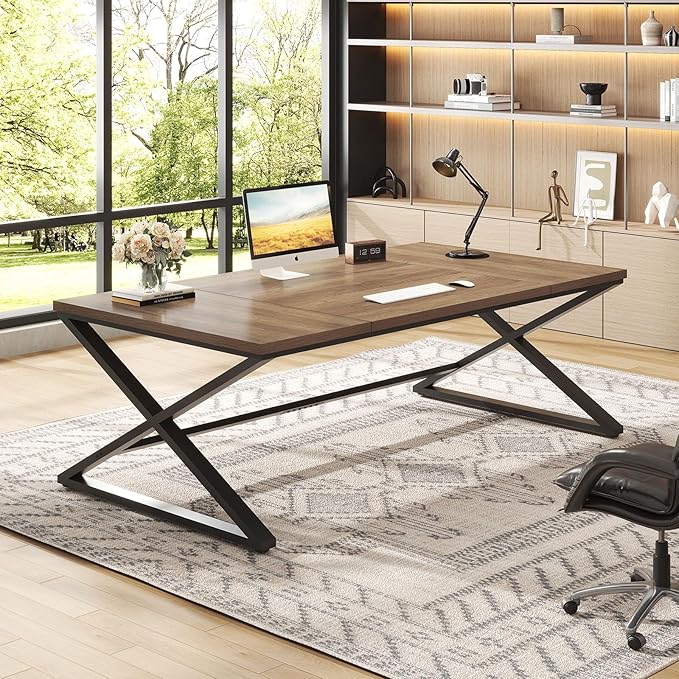 IBF Large Computer Desk 78.7” Extra Long Home Office Desk Wood Metal Work Desk for Study Writing Farmhouse Simple Wide Double PC Gaming Computer Table Executive Workstation in Bedroom Rustic Oak