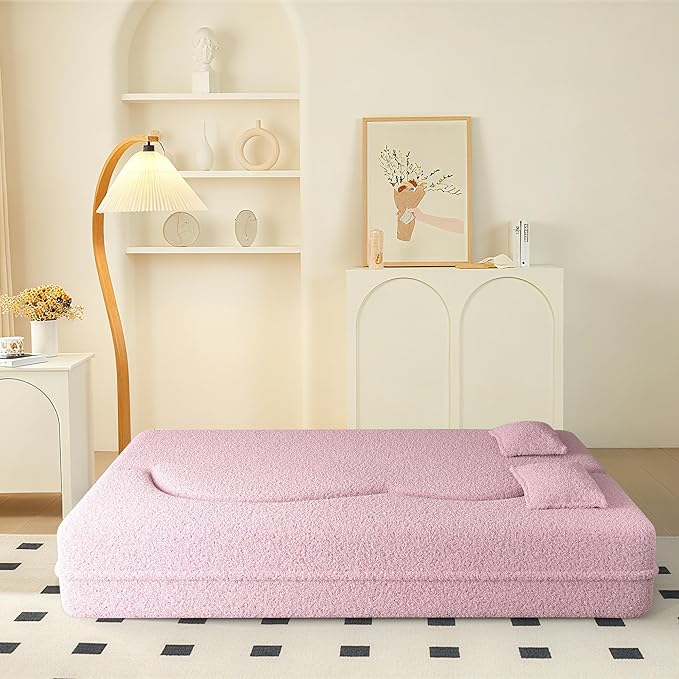78 Convertible Sofa Bed 2-in-1 Folding Floor Couch with 2 Pillows Sleeper Sofa for Living Room and Bedroom No Assembly Required (Pink Teddy Fabric)
