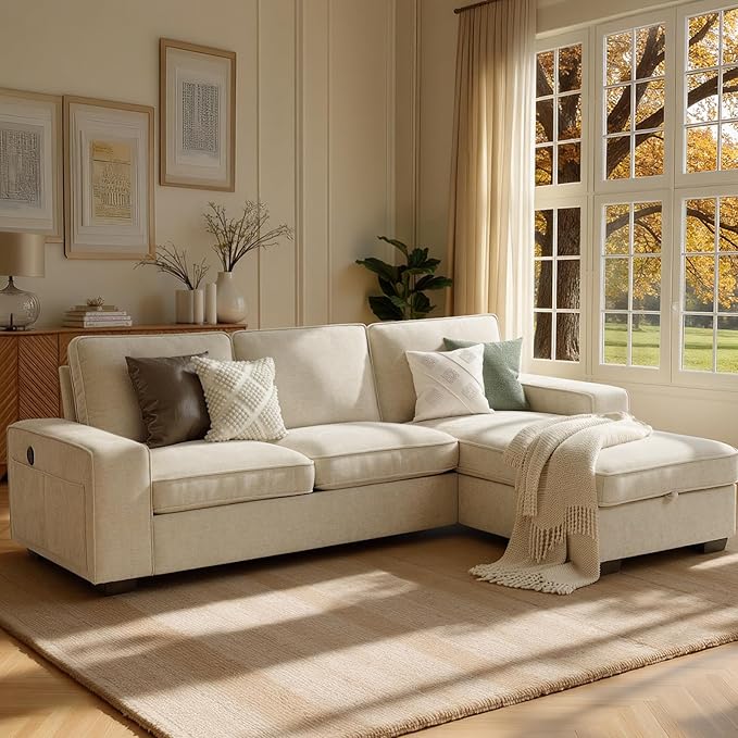 99 Sectional Sleeper Sofa Couch Chenille Convertible Chaise 3 Seats L-Shaped Sofa with 110L Storage Deep SeatWide Armrest USB Type-C ChargingRemovable Covers for Living Room Apartments Beige