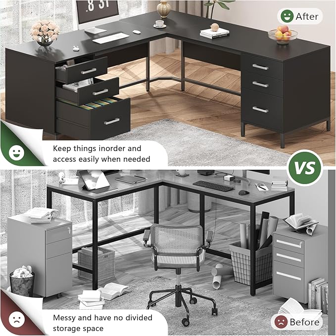 TVU 59’‘ L Shaped Desk with 6 Wood Drawers Large Home Office Corner Computer Desk with Storage File Cabinet Modern Metal Wood Desk for Executive Writing Study Workstation Black