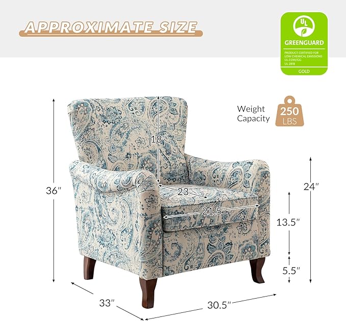 HULALA HOME Floral Accent Chair Set of 2 Modern High Back Armchair with Wooden Legs Comfy Wingback Chair Upholstered Accent Single Sofa Chair for Living Room &amp Bedroom Blue