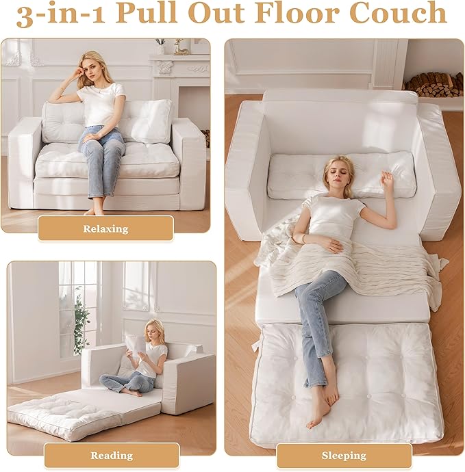 YOSHOOT Loveseat Sleeper Sofa55 Convertible Sofa Bed Couch Futon Couches for Living Room3-in-1 Pull Out Floor Couch with Backrest and Pillows White
