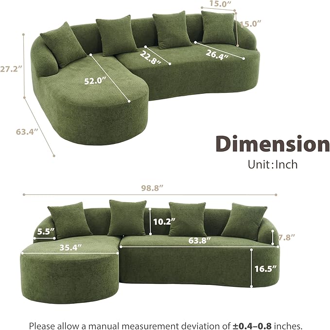 DEINPPA L Shape Modular Couch 3-Seater Chenille Comfy Couch with Throw Pillows Modern Cloud Sofa for Living Room Apartment-Green