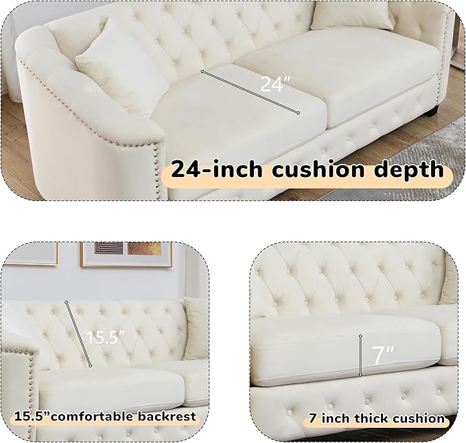 2 Piece Modern Chesterfield Velvet 77 3-Seater + 59 Loveseat Sofa Set Upholstered Tufted Backrests with 8 Nailhead Arms and 4 Cushions for Living Room (Beige 77 3-Seater + 59 Loveseat Sofa Set)