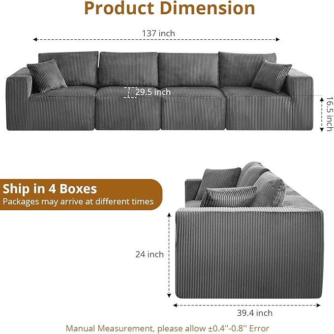 Sectional Cloud Boneless Couch 137 Modern Comfy Linear Straight No Assembly Required Convertible Compression Sleeper Modular Sofa with Corduroy Fabric 4 Deep Seat Single for Living Room