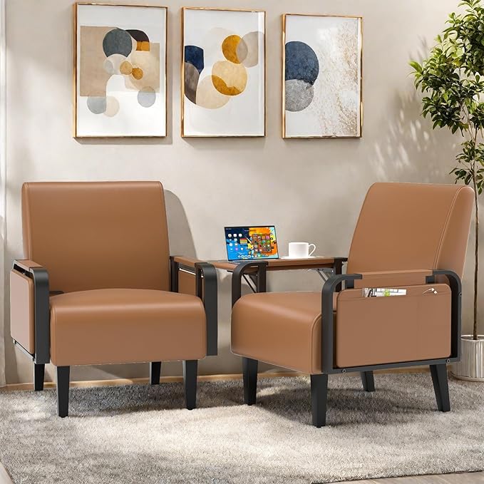 Faux Leather Accent Chairs Set of 2 Modern Upholstered Armchair with Tray Table Comfy Reading Chair for Living Room Bedroom Guest Room Brown