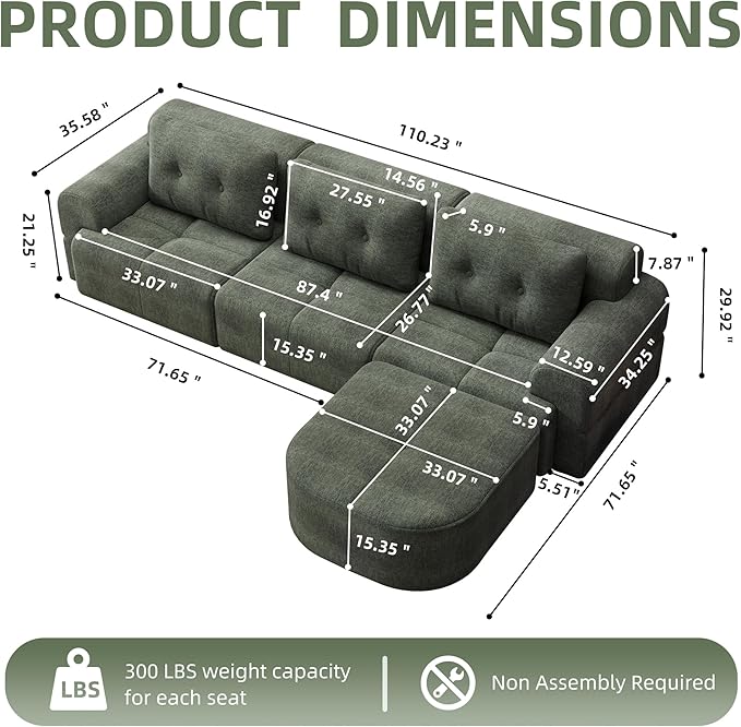 Boneless L-Shaped Modular Couch - 110 Inch Cloud Chenille Compression Sectional SofaNo Assembly Required Ideal for Apartments &amp Living RoomsBlackish Green