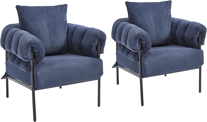 Modern Velvet Accent Chairs Set of 2 Comfy Large Living Room Sofa Chair Upholstered Fabric Armchair with Pillow and Metal Legs for Office/Bedroom/Reading Blue