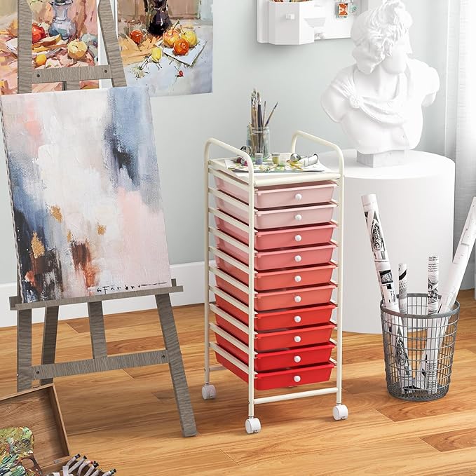 Giantex 10-Drawer Storage Cart w/Universal Wheel Rolling Cart w/Handle Home Organizer Storage Unit w/Removable Drawers Trolley Utility Cart for Kitchen Makeup Living Room Office Play Room