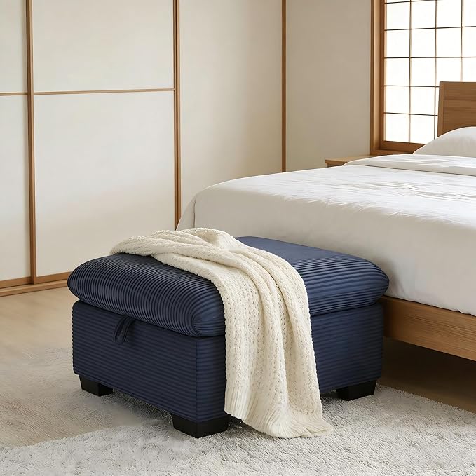 asunflower Matching Large Storage Ottoman for Sectional Sofa Oversized Foldable Footrest Stool with Lid Blue Corduroy Bench - 37.4 Extra Wide