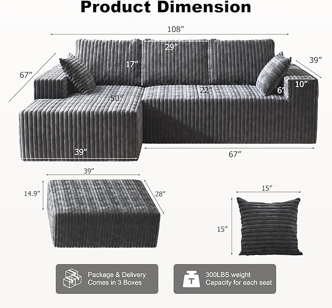 Modular Sectional Sofa 3-Seat L-Shaped Cloud Couch with Memory Foam Oversized Chaise for Living Room Breathable Fabric &amp Removable Cover