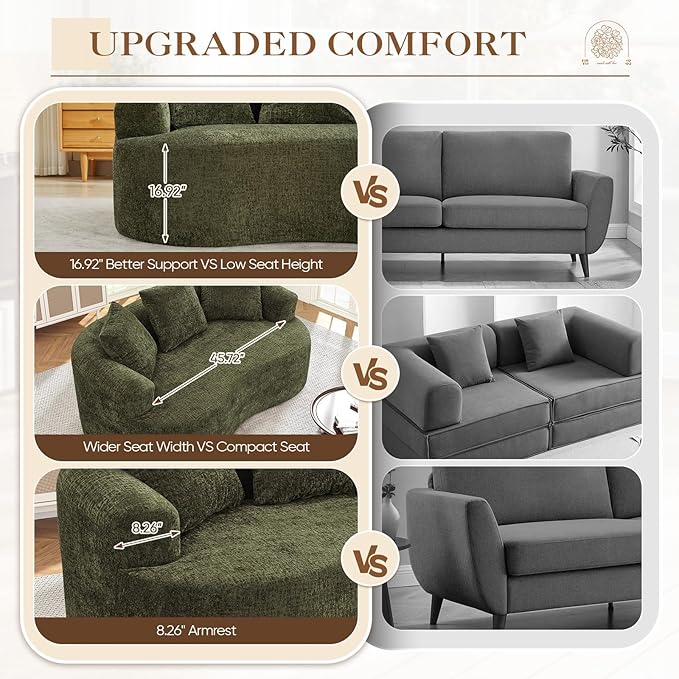 60 Curved Sectional Sofa for Small Spaces - Plush Chenille Modern Cloud Loveseat with Pocket Springs &amp Memory Foam Boneless Floor Couch for Living Room 27.6 Extra Deep Seat No Assembly (Green