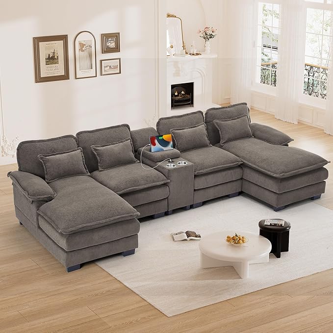 124 U Shaped Cloud Couch Sectional Sofa Fluffy Modular Couches for Living Room Oversized Modern Plush Chenille Sectional Couch Set Cloud Sofa with Central Console USB Ports Cup Holder Stone Grey