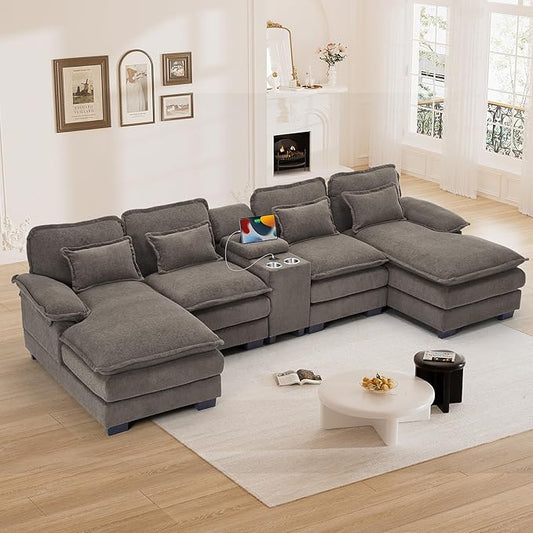 124 U Shaped Cloud Couch Sectional Sofa Fluffy Modular Couches for Living Room Oversized Modern Plush Chenille Sectional Couch Set Cloud Sofa with Central Console USB Ports Cup Holder Stone Grey