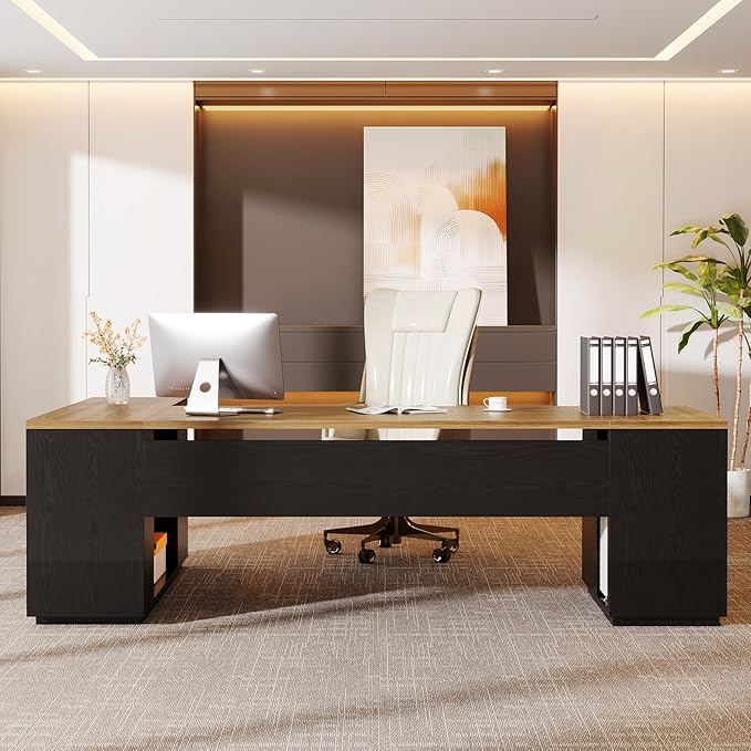 Tribesigns 85.8-Inch L-Shaped Executive Desk Extra Large Modern Office Desk with File Drawers Door Cabinet &amp Shelves Commercial Office Table Home Business Workstation Brown &amp Black