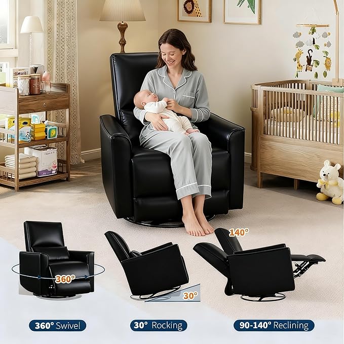 GAOMON Swivel Rocking Recliner Chair Manual Leather Recliner Glider with Lumbar Support &amp Padded Armrest Comfortable Rocker Nursery Single Sofa for Living Room and Bedroom (Charcoal)