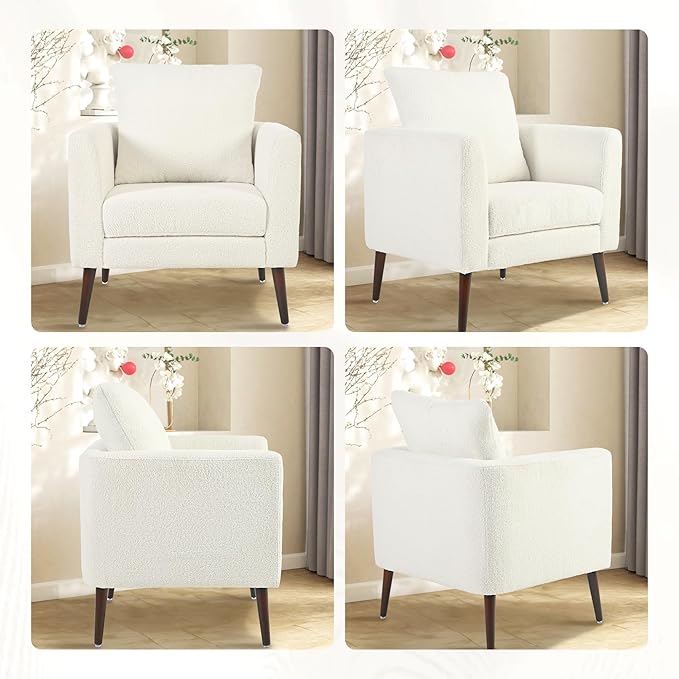 cinkehome Accent Chair Set of 2 for Living Room Modern Upholstered Teddy Barrel Arm Chair Large Pillow Solid Wood Legs