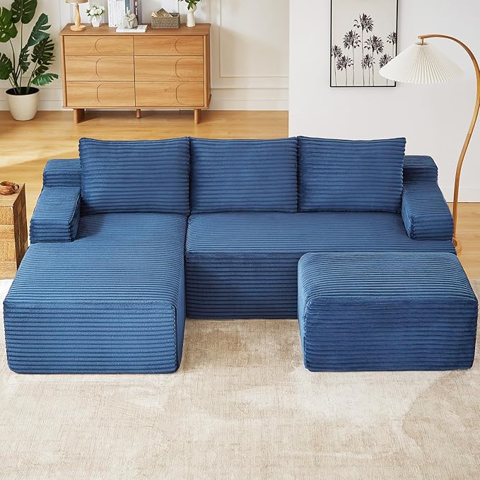 96 Cloud Sectional Couch with U-Shaped Chaise Corduroy Sectional Sofa with Ottoman Deep Seat Boneless Couch with Side Pocket for Living Room No Assembly Required (Blue Left Facing Chaise)
