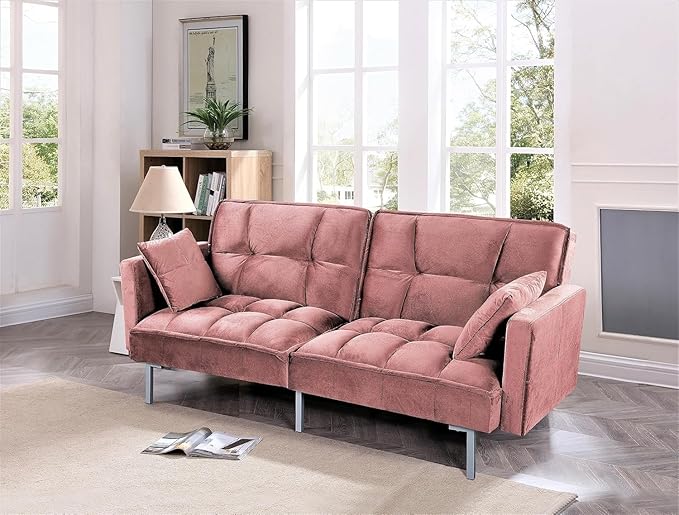Regal 75.6 Velvet Convertible Sofa Bed - Mid-Century Sleeper Couch w/Tufted Design &amp Metal Legs - Pull-Out Futon for Guests/Home (75.6 W x 34.6 D x 32 H) Rose