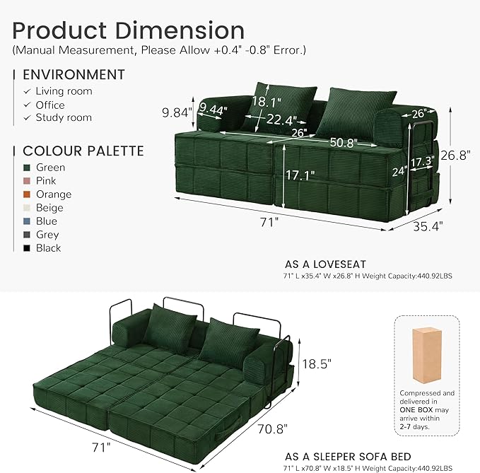 6-in-1 Convertible Sleeper Sofa Bed Corduroy Folding Mattress Couch with Fixed-Shape Frame Modular Foldable Boneless Couch Loveseat Couches with 2 Pillows for Living Room Bedroom Green