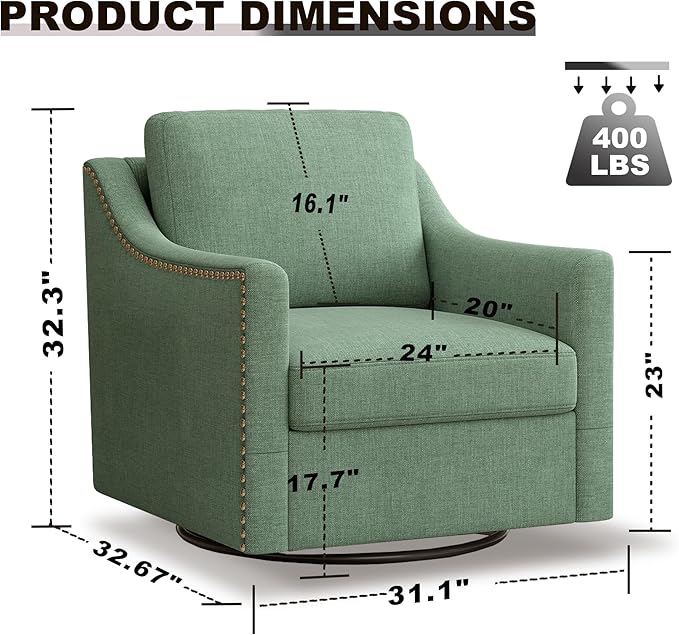 Set of 2 Swivel Accent Chairs for Living Room 360° Swivel Upholstered Club Armchairs with Nailhead Trim Metal Swivel Base Linen-Textured Fabric – Green