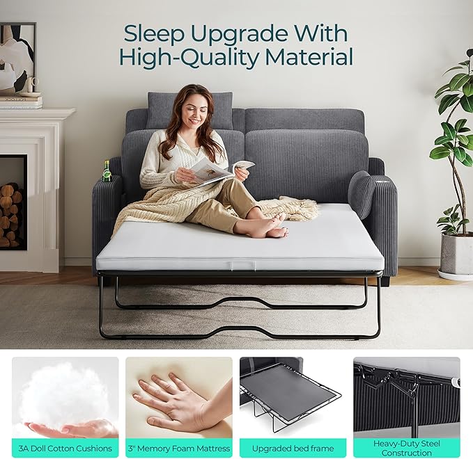 LINSY HOME Pull Out Sofa Bed - Convertible Loveseat Sleeper Sofa Upgraded Bed Frame Pullout Couch - USB Charging &amp Cup Holders Corduroy Sofa Bed for Living Room Small Space Queen Size (Grey)