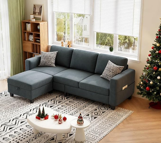 Sectional Sofas Couches for Living Room 3 Seater L Shaped Couch with Storage Ottoman 78 Modern Velvet Fabric Grey Sofa for Apartment Studio Office Small Space