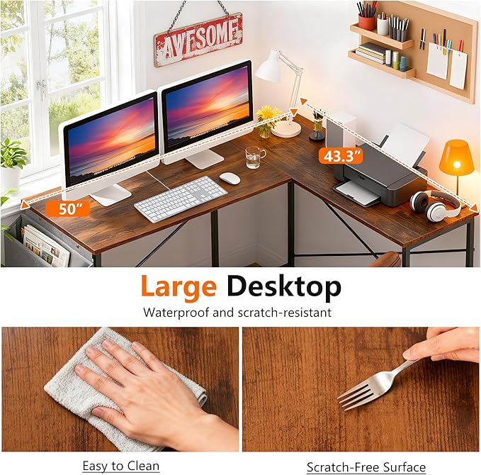PayLessHere 50 Inch L-Shaped Computer DeskGaming Desk with Durable Metal FrameCorner Desk with Side Storage Bag &amp CPU Stand for Home Office Gaming StudyBrown