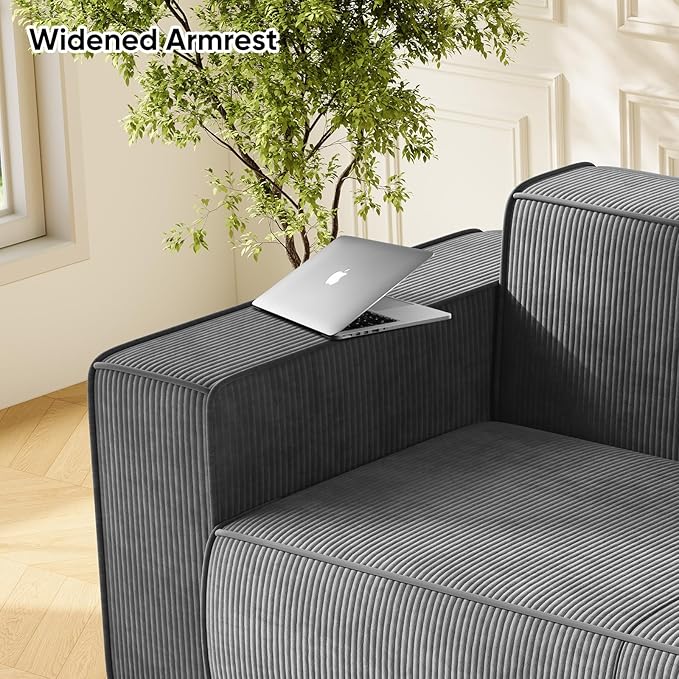 PUREMIND 3 Seater Sofa in a Box 76 Modern Corduroy Sofa Couch with Widen Armrest Comfy Deep Seat Couches for Living Room Apartment Grey
