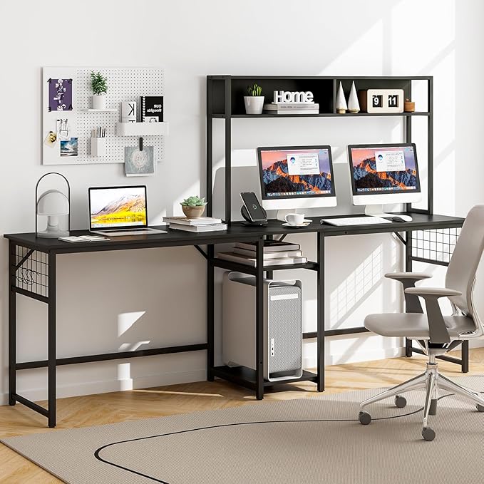 Tangkula L-Shaped Desk with Power Outlet Large Corner Desk Converts to 2-Person Long Desk with Hutch Computer Gaming Desk with CPU Stand &amp 3 Removable Hooks for Home Office (Black)